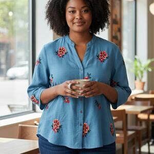 Kindred Embroidered Button Top Womens Size 1X Blue PInk Floral Boho